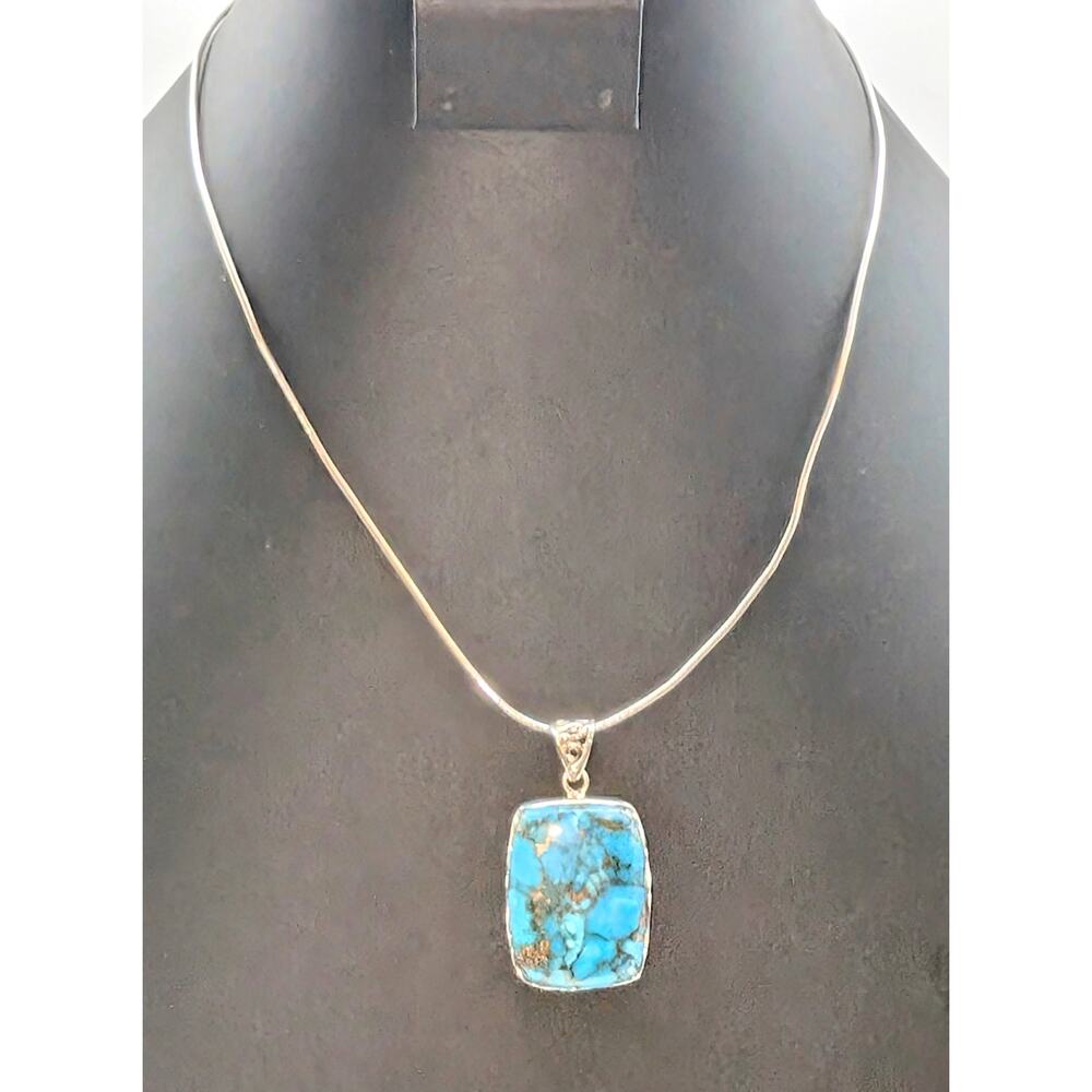 VTG 925 Sterling Silver Copper Turquoise Pendant on Sterling 18" Cable Wire - Picture 8 of 9